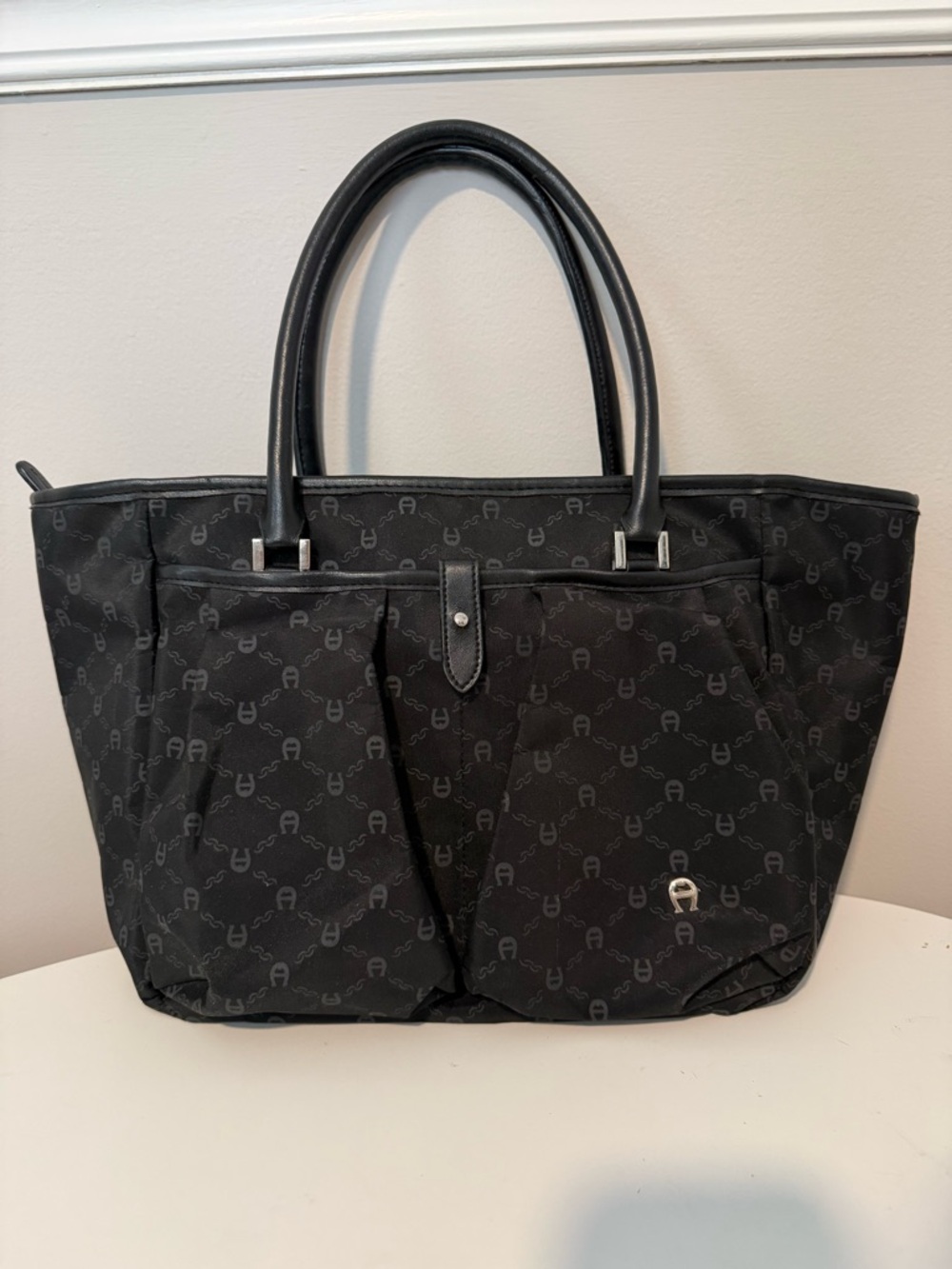 Etienne Aigner Black Logo-Print Medium Tote with Dual Top Handles